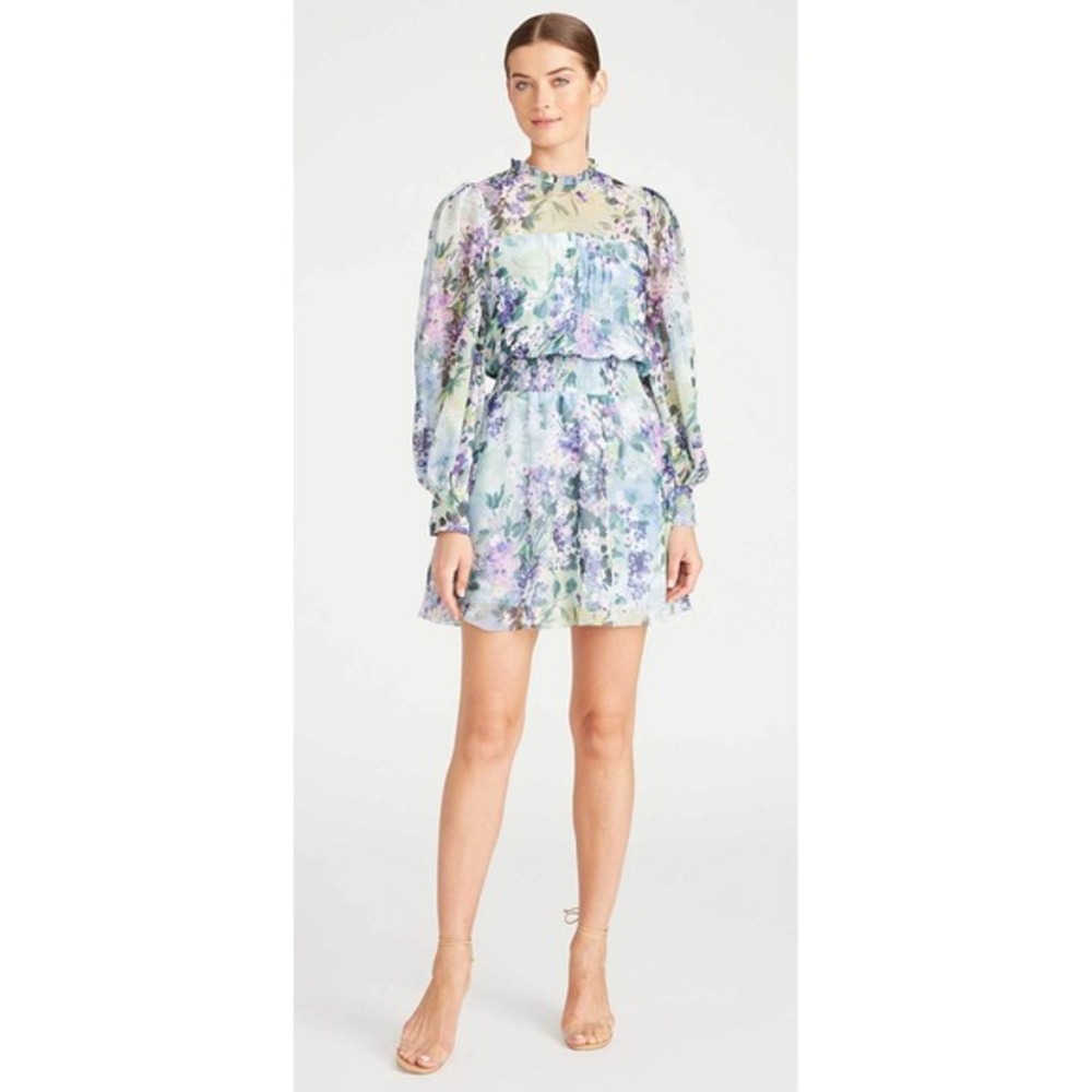 ML Monique Lhuillier Shirred‎ floral chiffon spring wedding guest mini dress 4